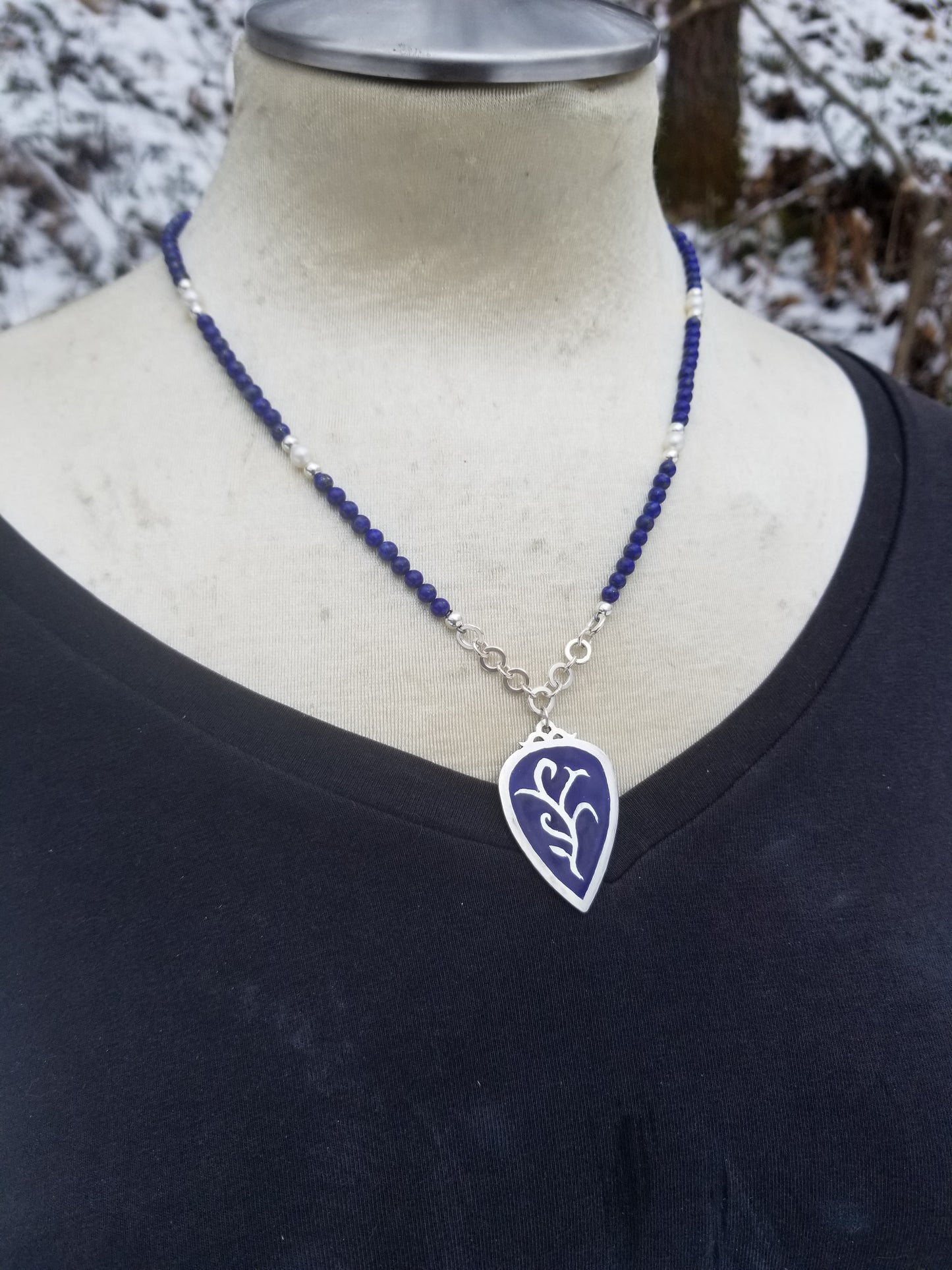 Prussian Blue Enamel and Lapis Lazuli Necklace.