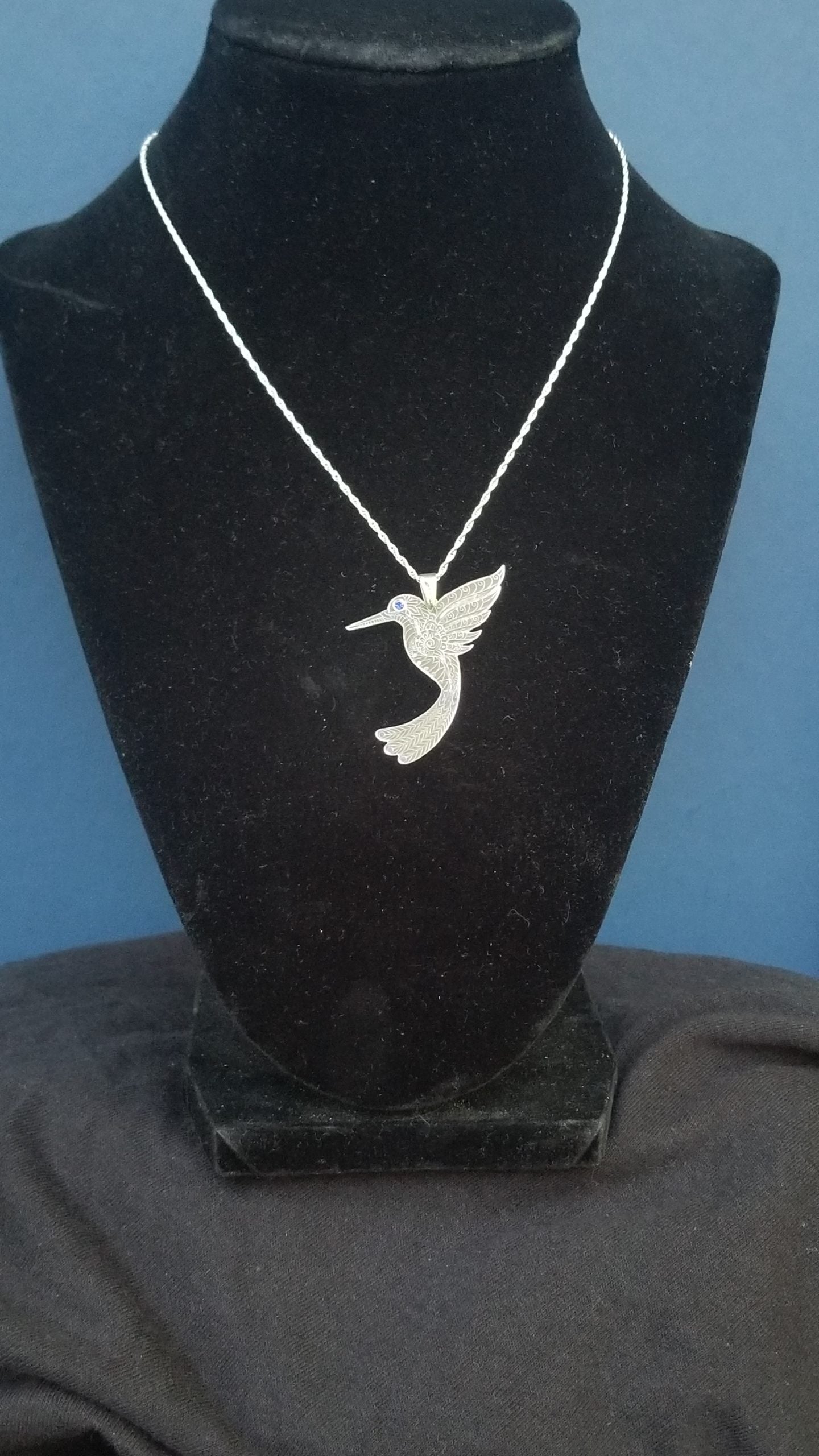 Hummingbird - Sterling Silver with Gemstone -Mandala Etching
