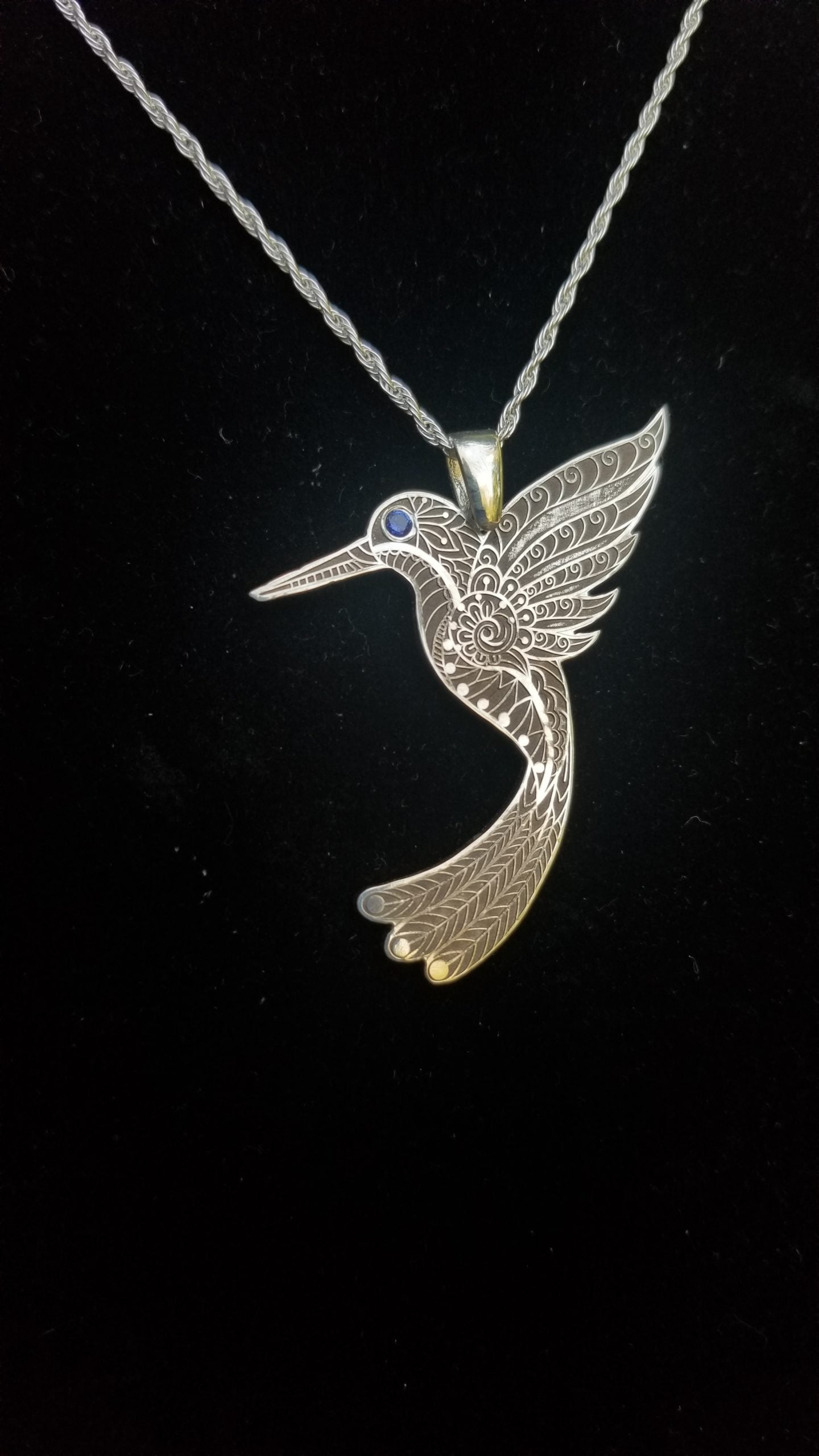 Hummingbird - Sterling Silver with Gemstone -Mandala Etching