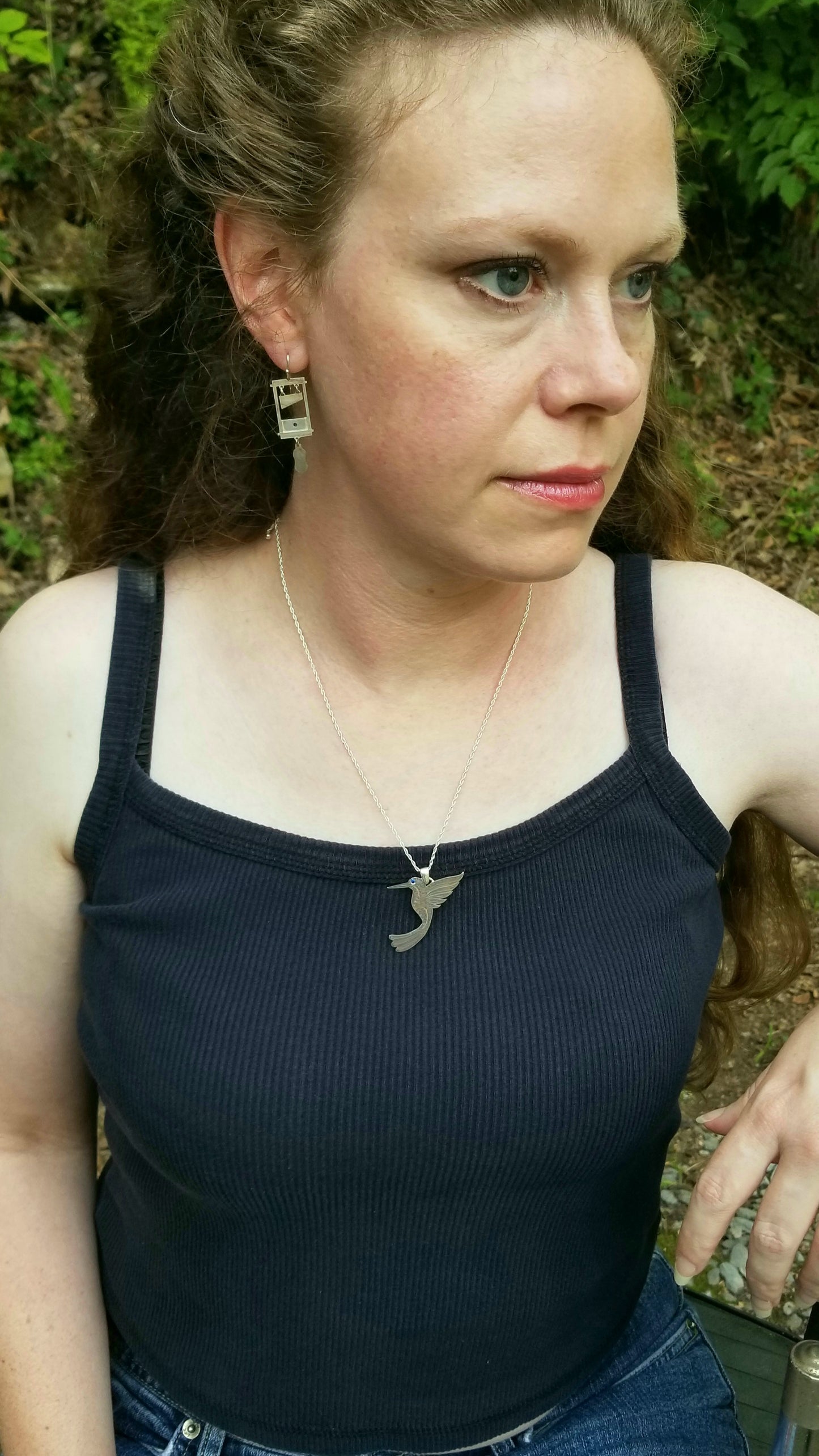 Hummingbird - Sterling Silver with Gemstone -Mandala Etching