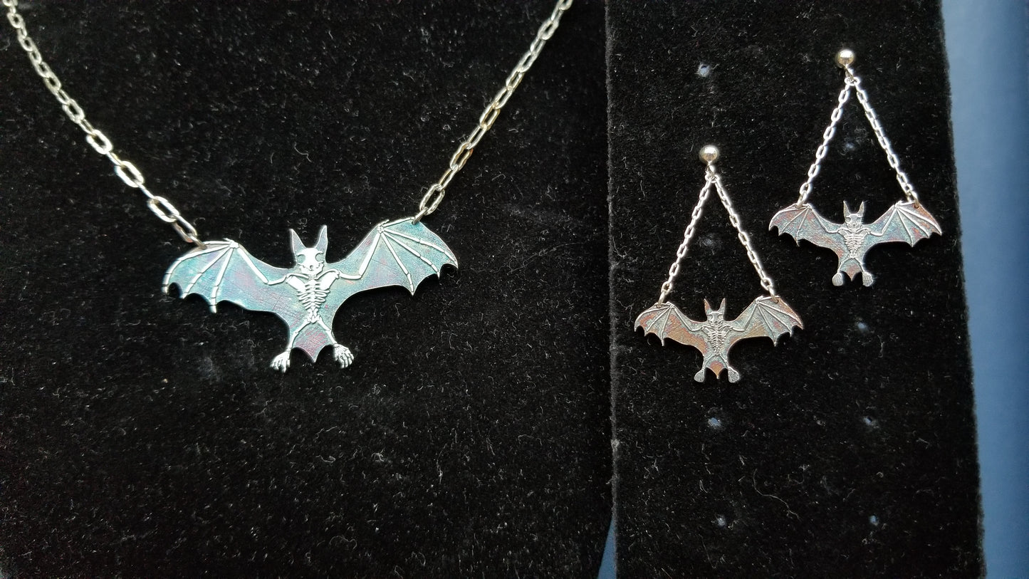 BATS!! Sterling Silver Bat Skeleton Dangle Earrings