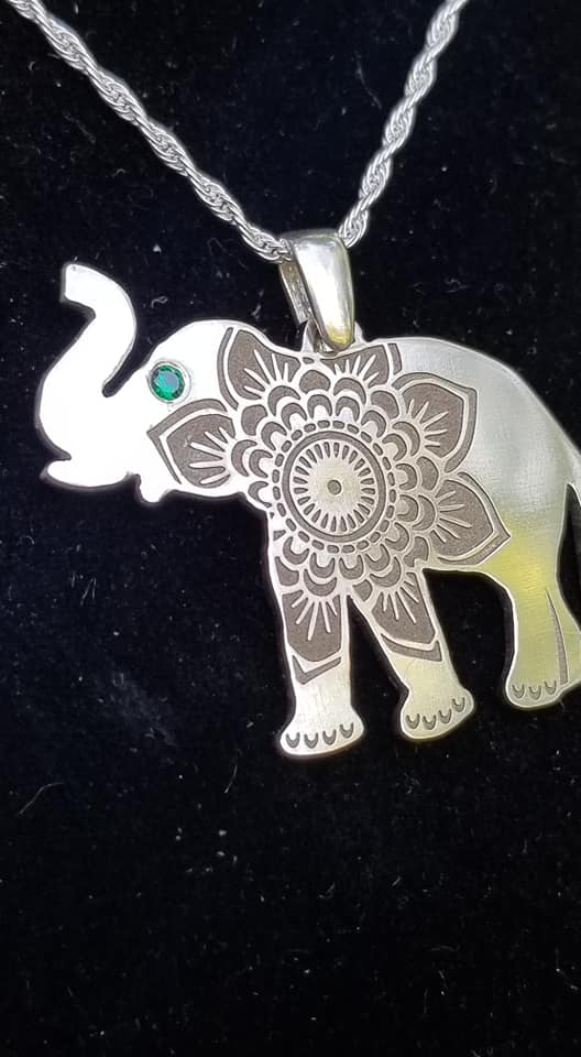 Elephant - Sterling Silver with Gemstone -Mandala Etching