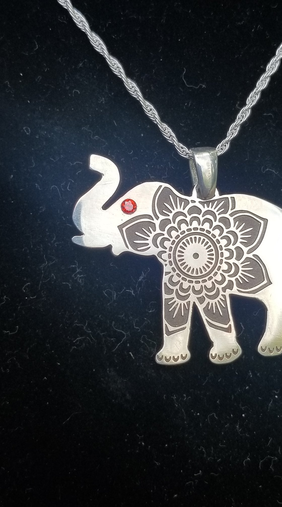 Elephant - Sterling Silver with Gemstone -Mandala Etching