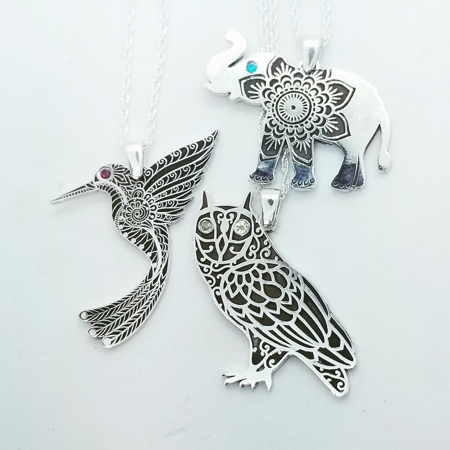 Elephant - Sterling Silver with Gemstone -Mandala Etching