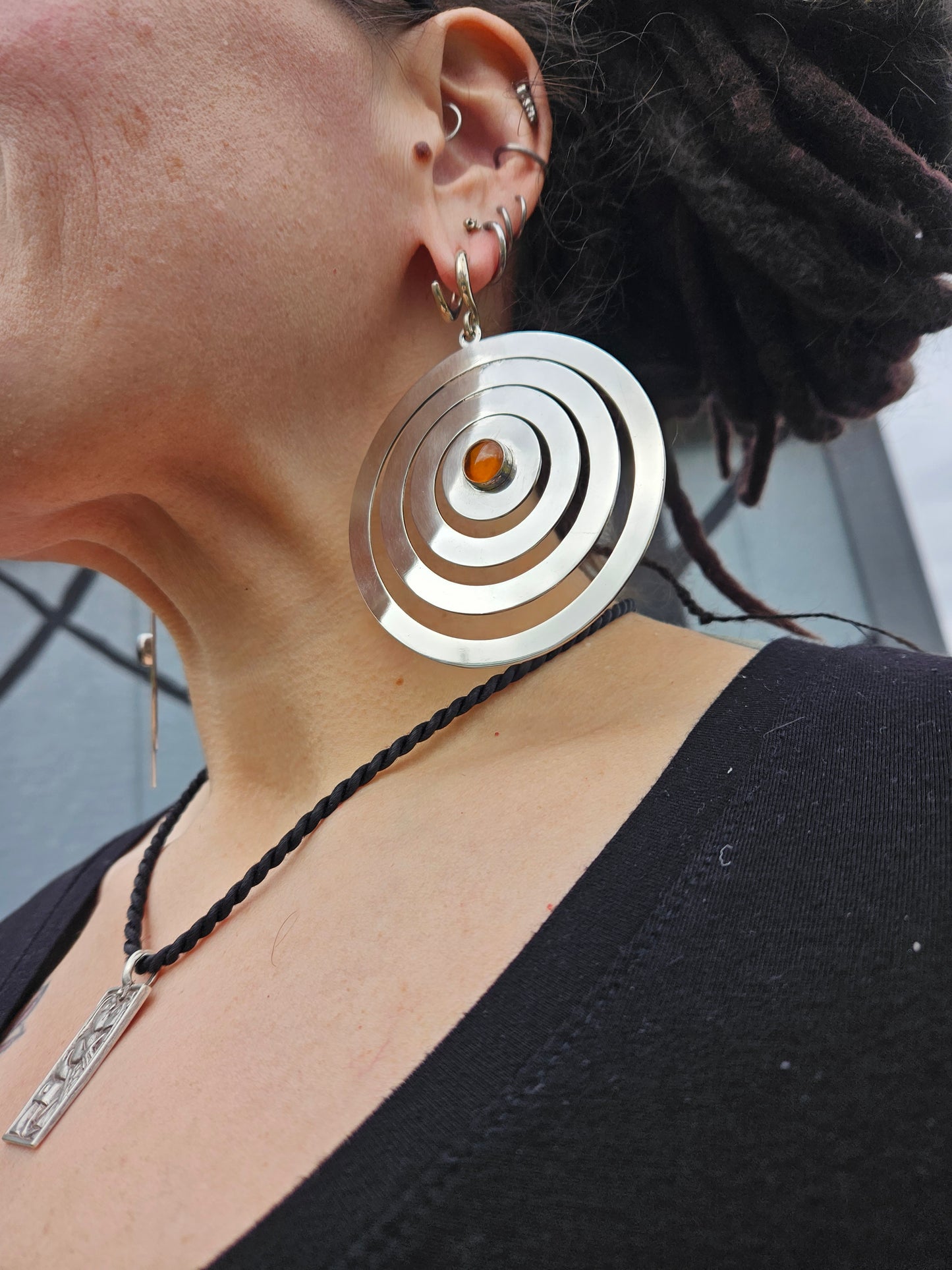 Large Circle Earrings w/Amber