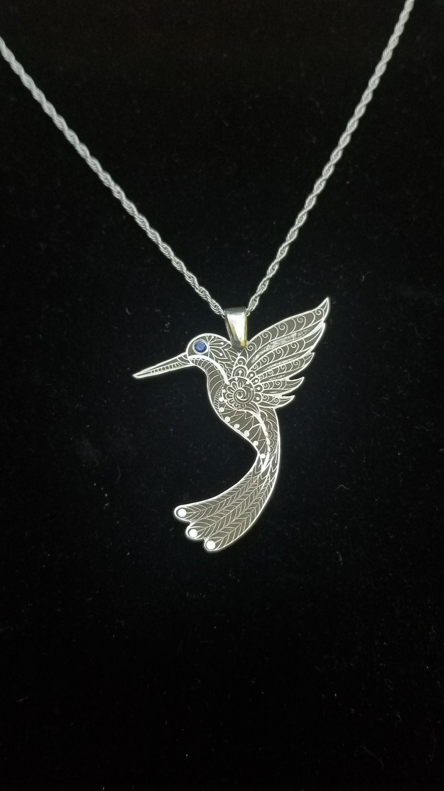 Hummingbird - Sterling Silver with Gemstone -Mandala Etching