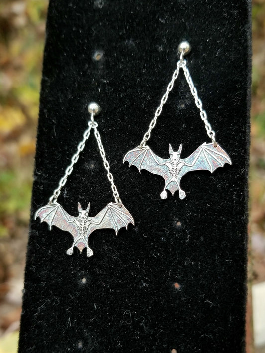BATS!!  Sterling Silver Bat Skeleton Dangle Earrings