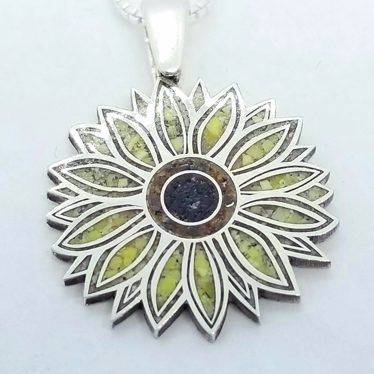 Sunflower Pendant.  Sterling Silver with Inlay