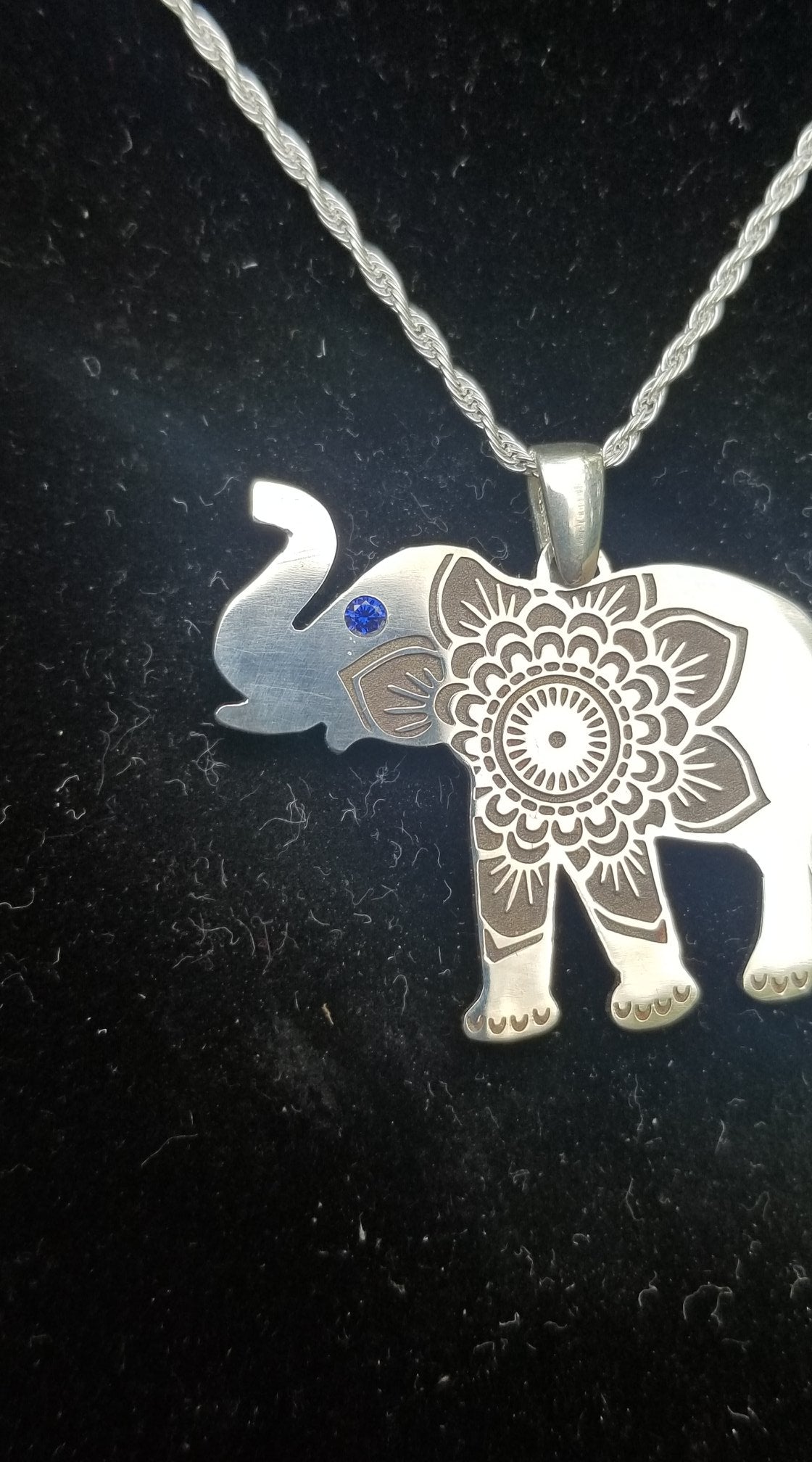 Elephant - Sterling Silver with Gemstone -Mandala Etching